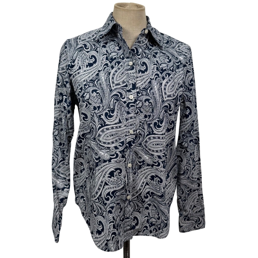 Lauren Ralph Lauren Women‎ XS Shirt Navy White Paisley Non-Iron Preppy Boho Work